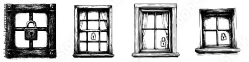 Multiple locked windows in a monochrome style showcasing different designs and textures at an unknown location
