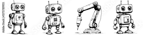 Vintage robot illustrations depicting various designs and functions in a playful, whimsical style