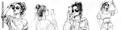 Stylish young woman posing for selfies in various fashionable outfits during sunny outdoor moments