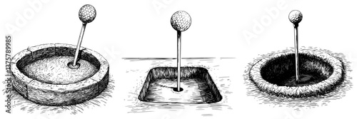 Three distinct golf hole designs featuring golf balls, showcasing creativity and different styles of putting greens