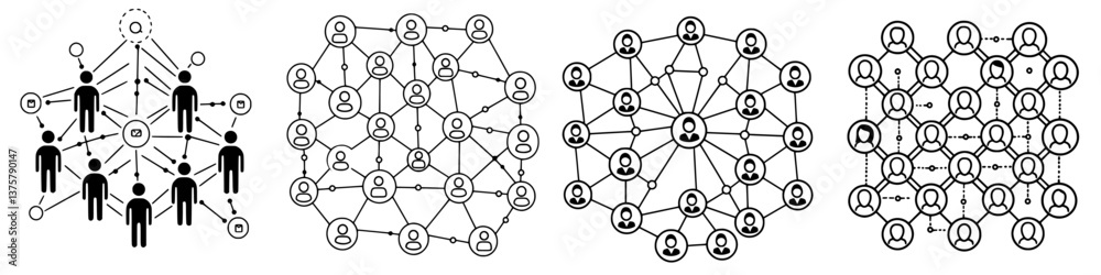 Visual representation of networking concepts illustrating human connections and relationships in various structured formats Visual representation of networking concepts illustrating human connections and relationships in various structured formats