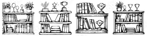 Decorative bookshelves with trophies and plants displayed in a cozy study setting during daylight hours