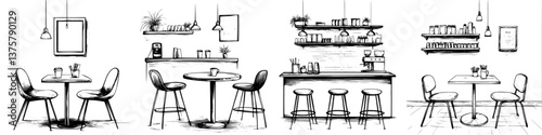 Stylized cafe interior with minimalistic design and seating arrangements suitable for social gatherings or work sessions