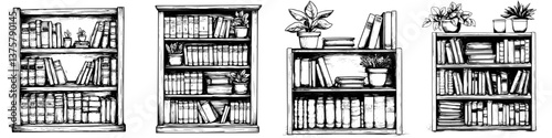 Collection of wooden bookshelves filled with various books and plants in a cozy setting during daytime