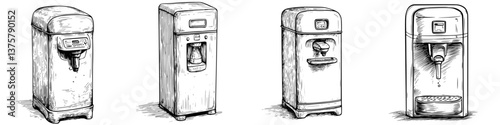 Vintage water dispensers displayed in a retro style, showcasing various designs and functionalities from different eras