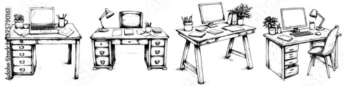 Creative workspace designs showcasing various desk styles and arrangements for home offices and productivity