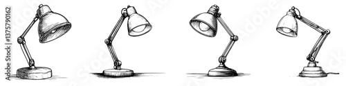 Different angles of a desk lamp showcasing its adjustable features in a minimalistic style