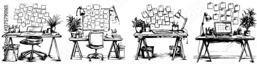 Creative workspace with organized desks and motivational notes in an inspiring setting