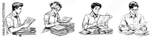 Students studying documents in a classroom setting while organizing and reviewing assignments in a focused manner