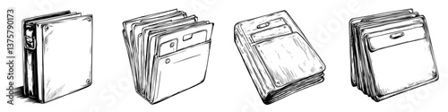 Variety of sketch-style binders displayed for an art project showcasing organizational tools and design concepts