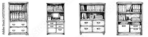 Various designs of wooden cabinets showcasing storage solutions for office and home use