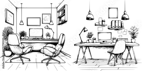 Modern office workspace design featuring comfortable seating, plants, and organized desks for creativity and productivity