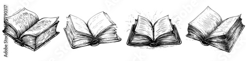 Collection of open books illustrating various angles and details in black and white
