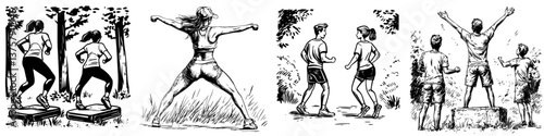 Group engaging in various outdoor fitness activities in a forest park during the summer