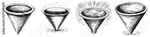 Illustration of various funnel designs showcasing different sizes and effects in a detailed, artistic manner