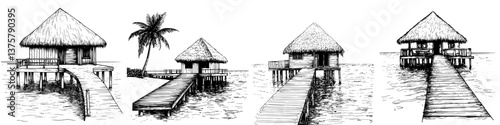 Stylish overwater bungalows situated by a serene beach with tranquil waters at sunset