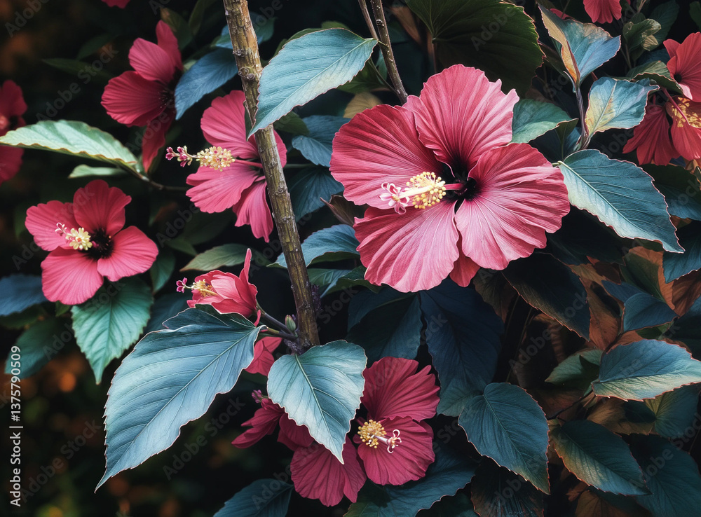 Lush hibiscus blossoms in deep pink, showcasing intricate details and vibrant colors.