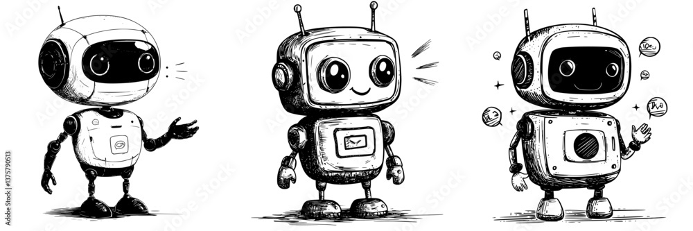 Naklejka premium Creative robot characters showcased in a playful design with distinct features and expressions