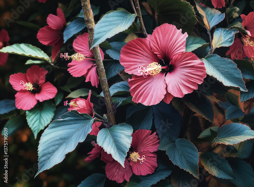 Obraz na płótnie Lush hibiscus blossoms in deep pink, showcasing intricate details and vibrant colors. w salonie