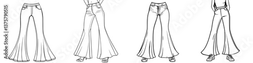 Different styles of flared jeans displayed on models, showcasing fashion variation and trends in casual wear