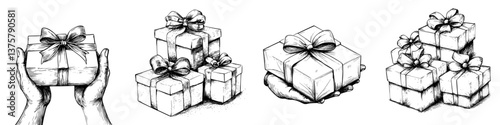 Gift giving celebration with beautifully wrapped presents featuring ribbons and bows in various arrangements