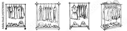 Variety of clothing racks displaying dresses, shirts, and shoes in a stylish showcase for fashion shoppers