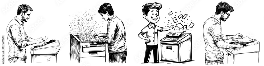 Sketch of a man working on a printing machine through different stages of the process in an office setting Sketch of a man working on a printing machine through different stages of the process in an office setting