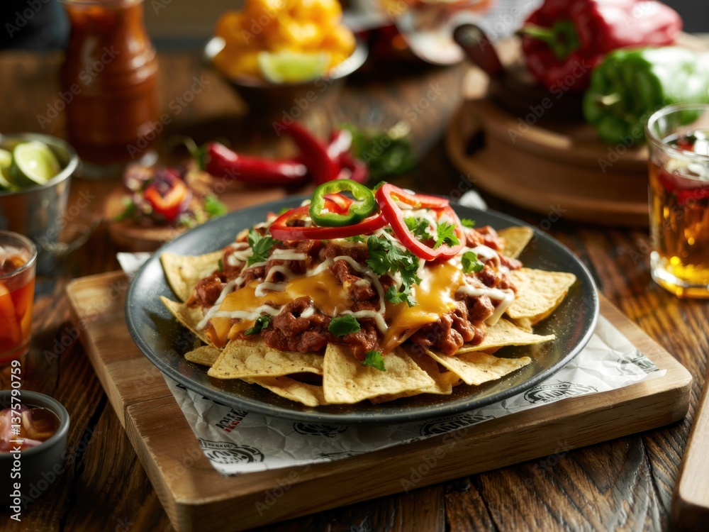 Delicious nachos topped with cheese, beans, and fresh vegetables served on wooden table Delicious nachos topped with cheese, beans, and fresh vegetables served on wooden table