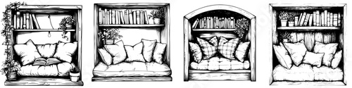 Cozy reading nooks featuring plants and cushions in a stylish, illustrative design for relaxation and comfort at home