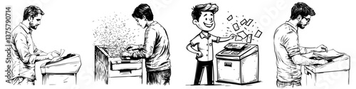 Sketch of a man working on a printing machine through different stages of the process in an office setting