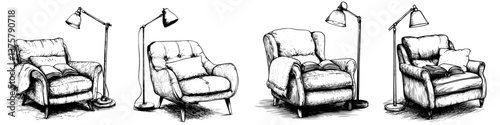 Detailed illustration of cozy armchairs with table lamps in a minimalistic living space setting