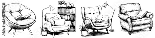 Comfortable seating options displayed in a cozy reading nook with plants and books