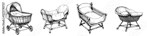Various vintage baby cribs and bassinets from different eras displayed in a simple layout