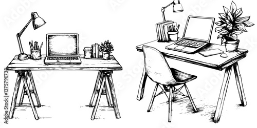 Creative workspace illustration featuring two distinct desk setups for productivity and organization