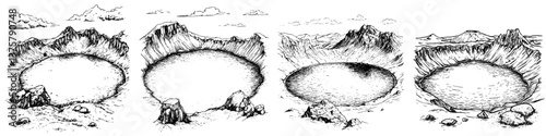 Geological formations showing different stages of crater development in a mountainous landscape