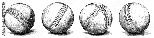 Different styles of cricket balls showcased in detailed illustrations with unique stitching and design elements