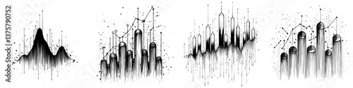Abstract black and white illustrations depicting data trends and fluctuations in various forms