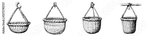 Hanging rope baskets designed for various storage solutions in a rustic style