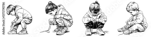 Child focuses on tying shoelaces while sitting on the ground in a casual setting during daylight