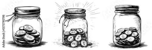 Vintage jars filled with coins showcasing accumulation of savings and investment strategies over time
