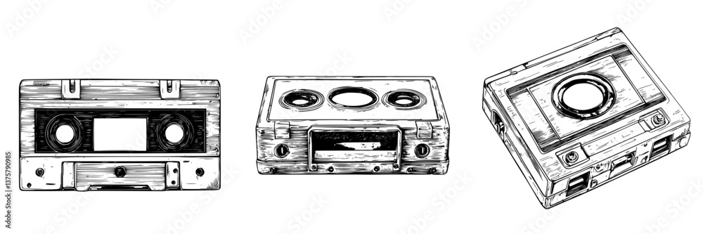 Obraz premium Vintage cassette tapes displayed in a row on a light background highlighting nostalgia and retro music culture