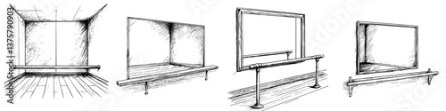 Artistic sketches of ballet studio interiors showcasing mirrors and barre at different angles and perspectives during ballet practice
