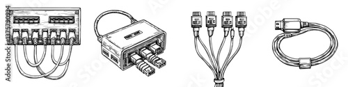 Various types of connectors and cables displayed on a plain background for an educational illustration about electronics