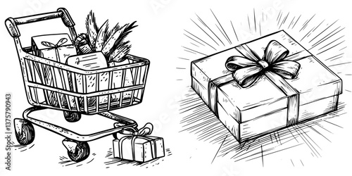 Shopping cart filled with gifts and a beautifully wrapped present under bright light