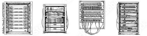 Network server racks displaying equipment and cables in a controlled data center environment during daytime