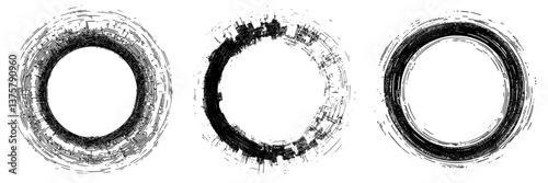 Abstract circular designs showcasing varying textures and bold contrasts in black and white