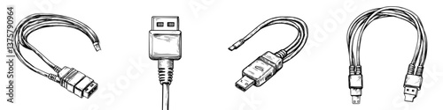 Various USB cables displayed in a creative sketch style showcasing design differences and connectivity options