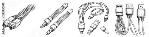 Various types of cables and connectors displayed for technology use and reference in a well-lit workspace