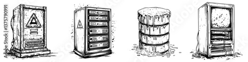 Retro computer hardware collection showcases vintage technology and design from the late 20th century in a minimalist black and white style