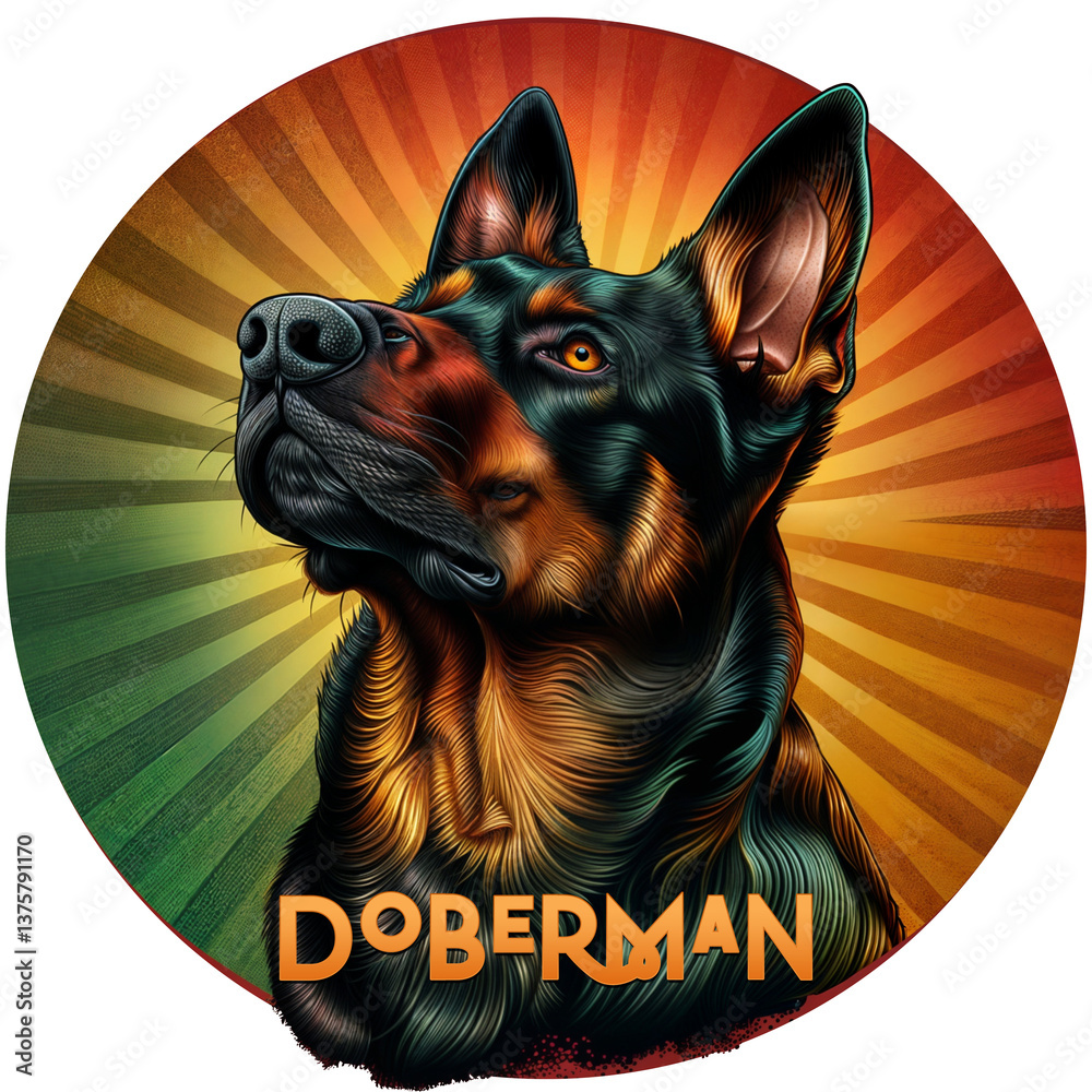 a Doberman Pinscher with a vibrant, multicolored background and a circular design. The dog's face is detailed with a mix of brown, black, and orange colors, and the text